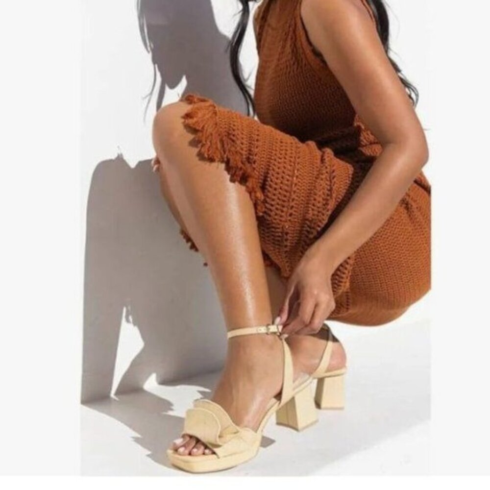 Pazzion Khaki Platform Square Toe Pleated Ruffle Chunky High Heels Strap Sandals